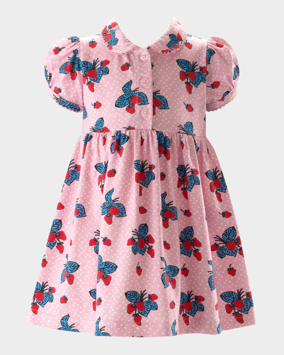 Girl's Strawberry Jersey Puff-Sleeve Dress, Size 6M-